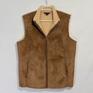 Lands End Sherpa Lined Velour Vest Women’s L Tan Warm Western Cabin Boho Indian
